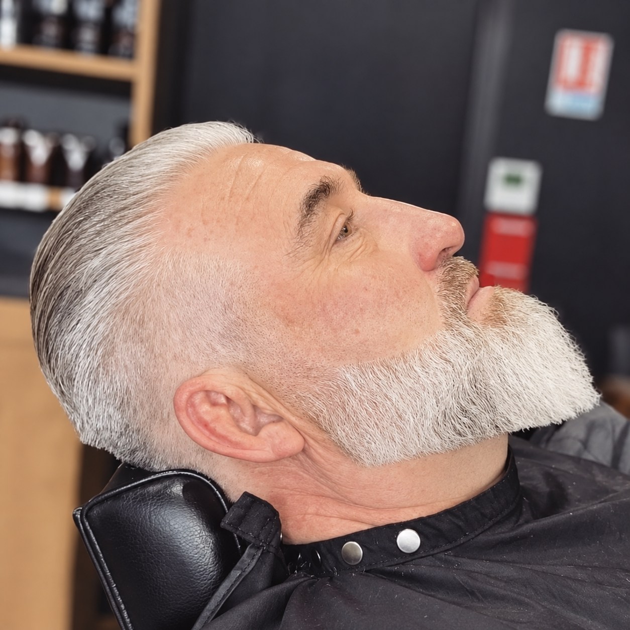 Cheveux argentés coiffés en arrière et barbe blanche aux contours soignés