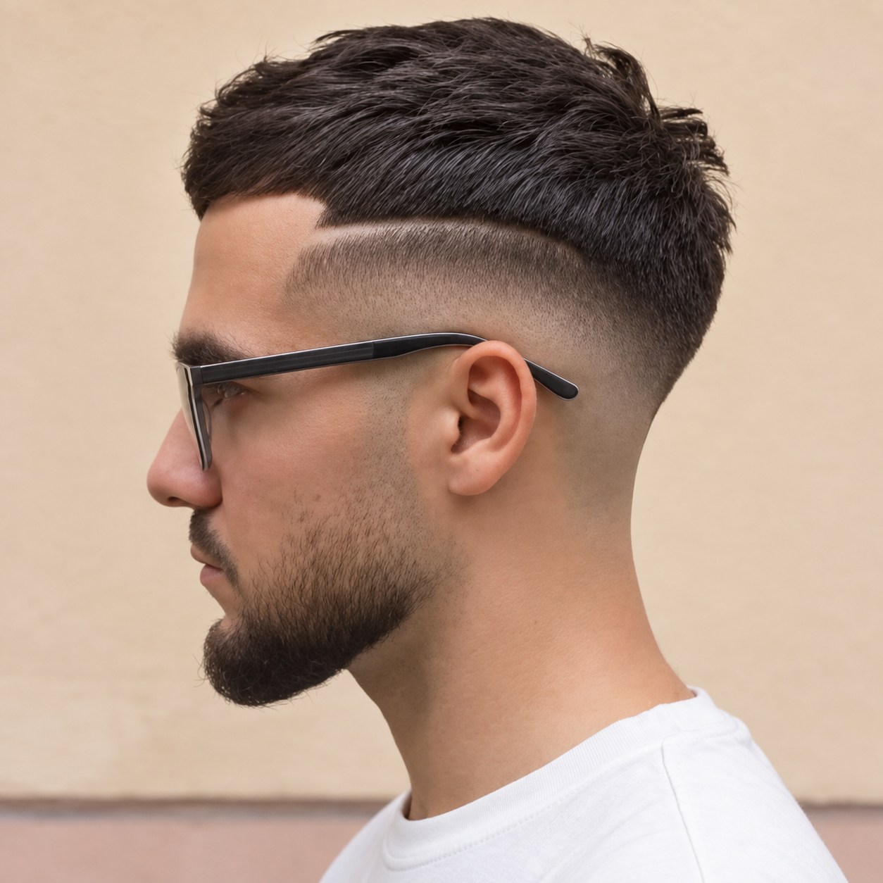 Dégradé avec raie tracée et barbe courte, vue de profil